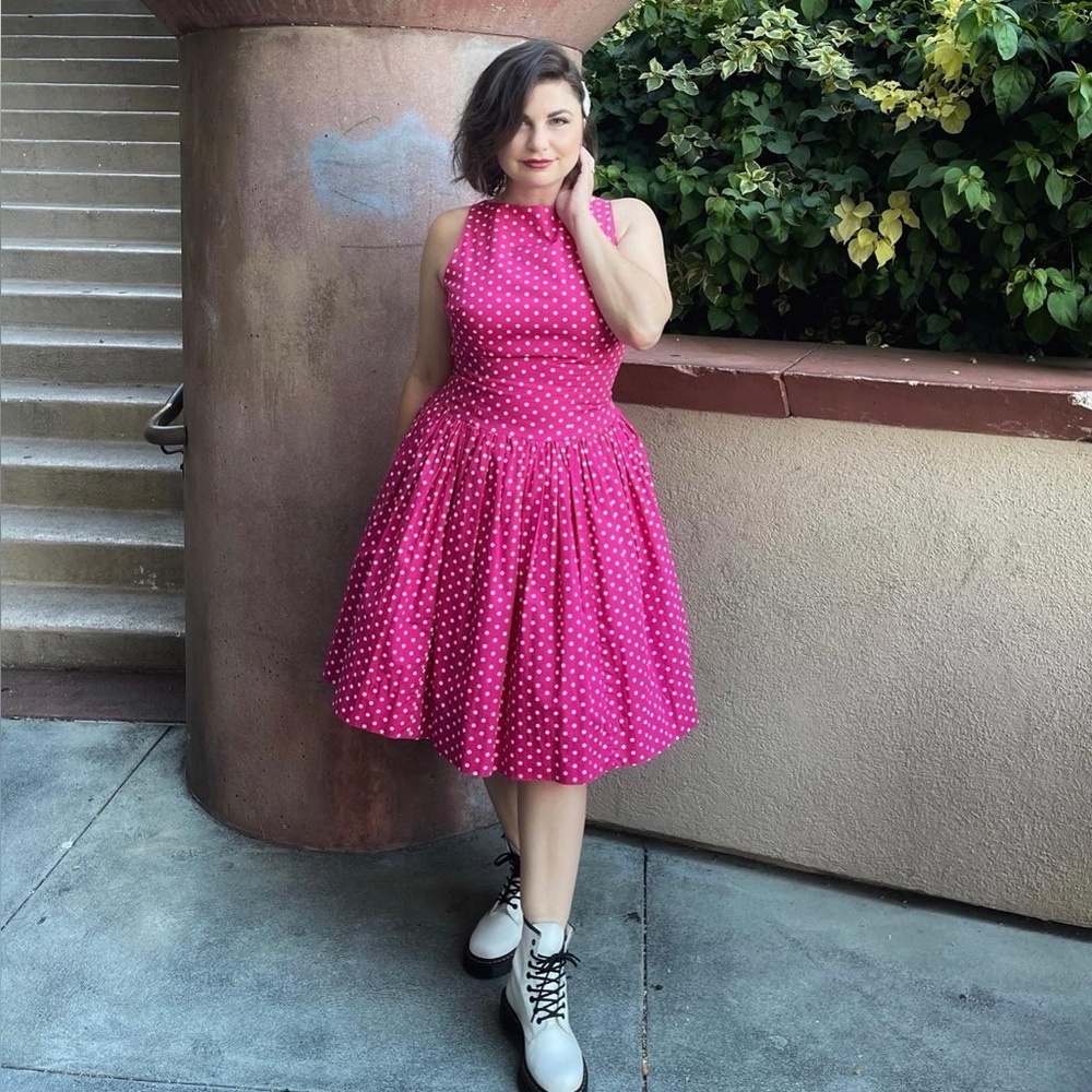 Tracy & Michael Barbie Pink Retro Drop Waist Polka Dot Midi Dress 8
